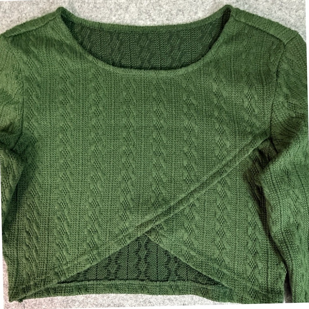Womens‎ Green Cable Knit Cropped Sweater Long Sleeve Size M Cozy